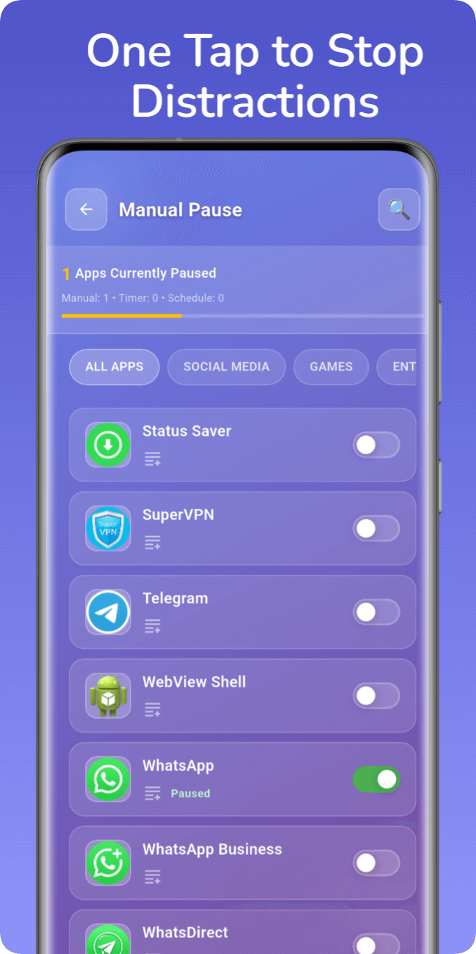 Manual pause any app with one tap