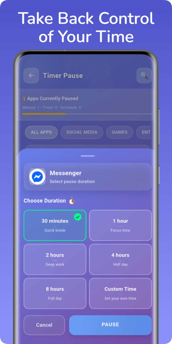 Timer pause — choose duration